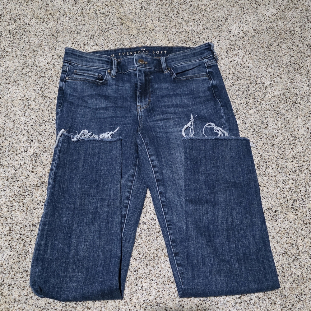 White House Black Market Distressed Dark Blue Straight Leg Jeans